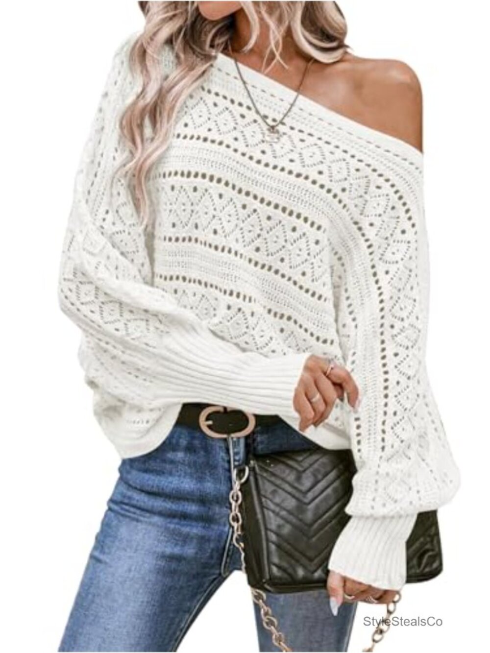 Womens Off Shoulder Oversized Knit Sweater Batwing Sleeve Pullover